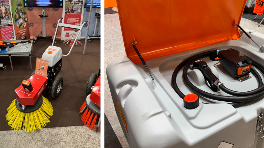 Le nouveau Weedee Pro de Terrazza avec son moteur Stihl et ses deux blocs batterie AP 500 S (photo de gauche) et la cuve Easy Mobil 440 APready de Cemo, alimentée par une batterie Stihl AP.