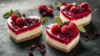 Pour la Saint-Valentin, un cheesecake accompagné d'un coulis de framboise.