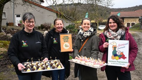 De gauche à droite, Amélie Pierson, adhérente à Saveurs Paysannes, qui accueillait sur son exploitation, Catherine Barbier, coprésidente, Claire Merlin, adhérente, Chloé Norguet, coprésidente.