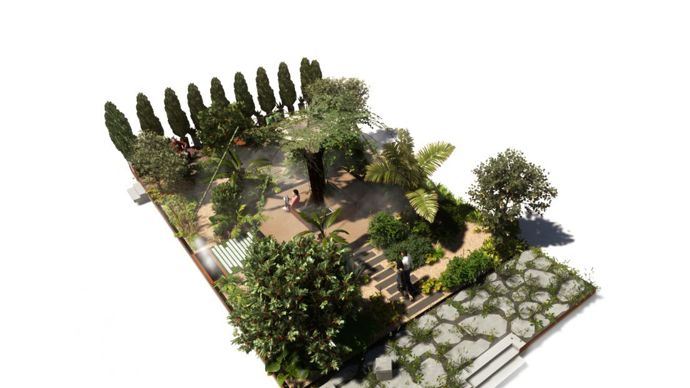 6.Le projet de Mattias Orsi, « L’oasis du futur » vise, pour lui qui vient du Sud, à sensibiliser aux problèmes de disponibilité en eau. Un ouvrage central destiné à la recueillir sera garni de grimpantes parmi lesquelles des plantes nourricières, dont actinidia.