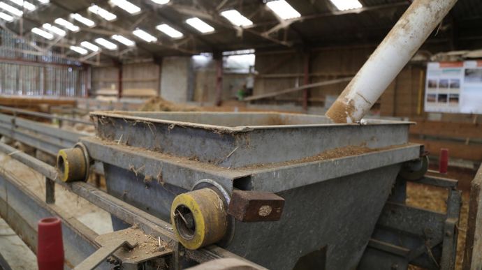 Il suffit de pousser la trémie approvisionnée par la vis pour apporter leur ration de concentré aux brebis.