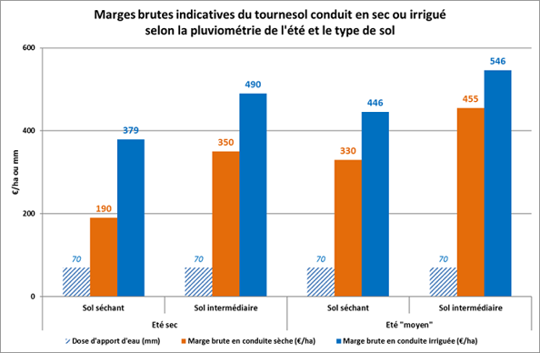 Marges brutes indicatives du tournesol conduit en sec ou irrigué selon la pluviométrie de l'été et le type de sol